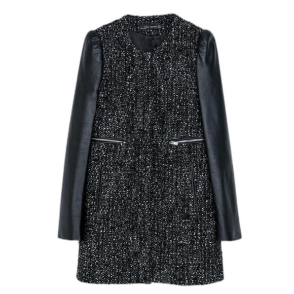 Zara Woman Bouclé Black Leather Sleeved Fully lined Coat Jacket - Size X-Small - Picture 1 of 12